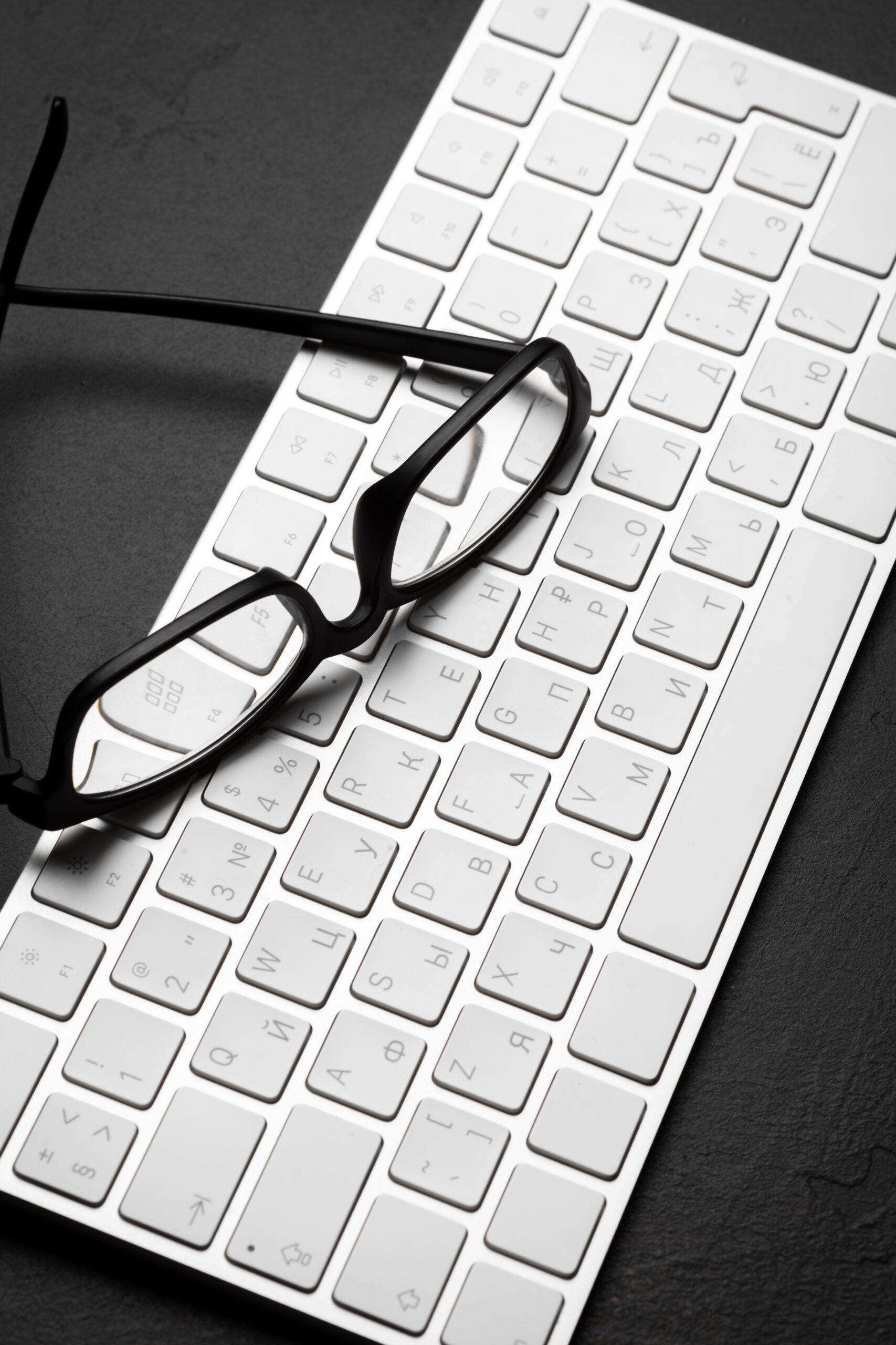 Office desk table with pc, glasses